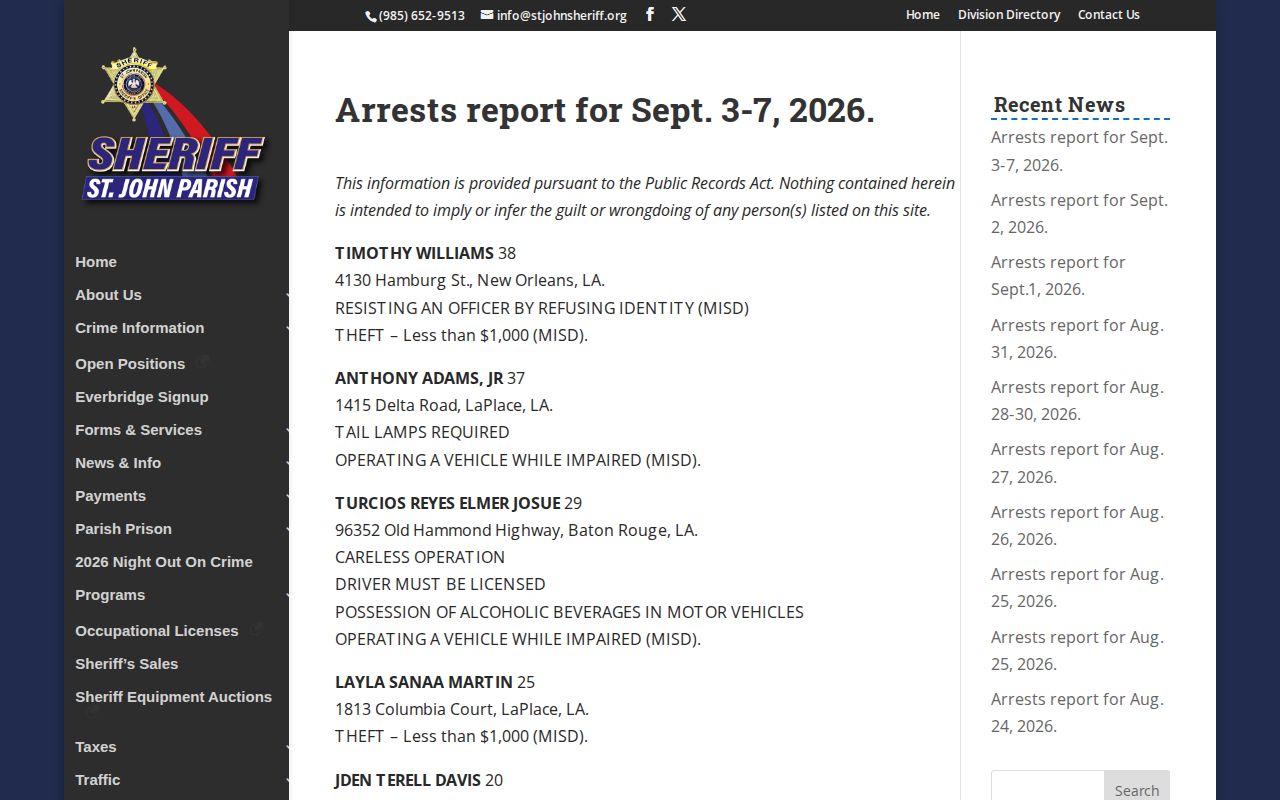 St. John the Baptist Parish grouped holiday arrest report