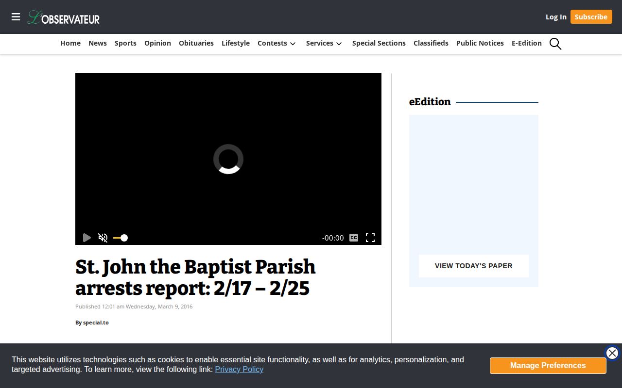 L'Observateur St. John the Baptist Parish arrest report article