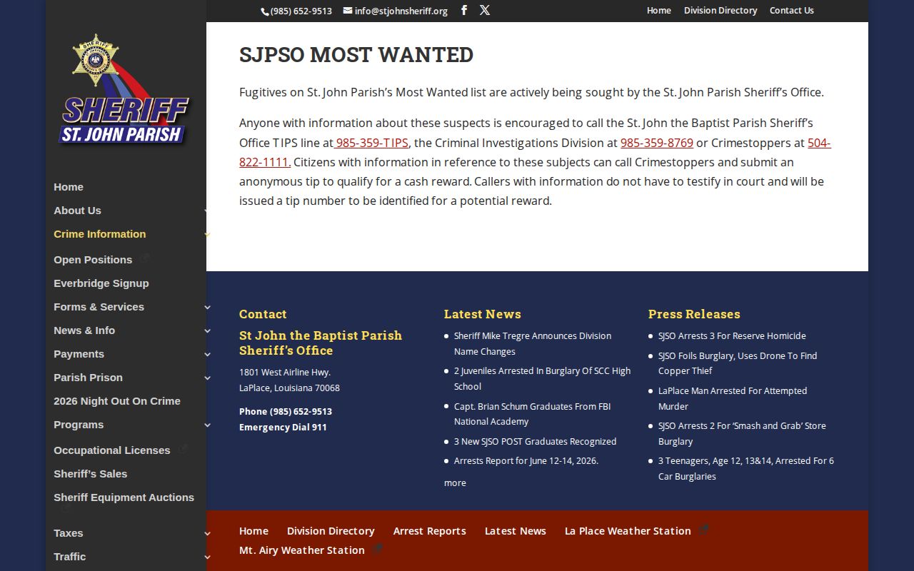 St. John the Baptist Parish arrest warrant most wanted page