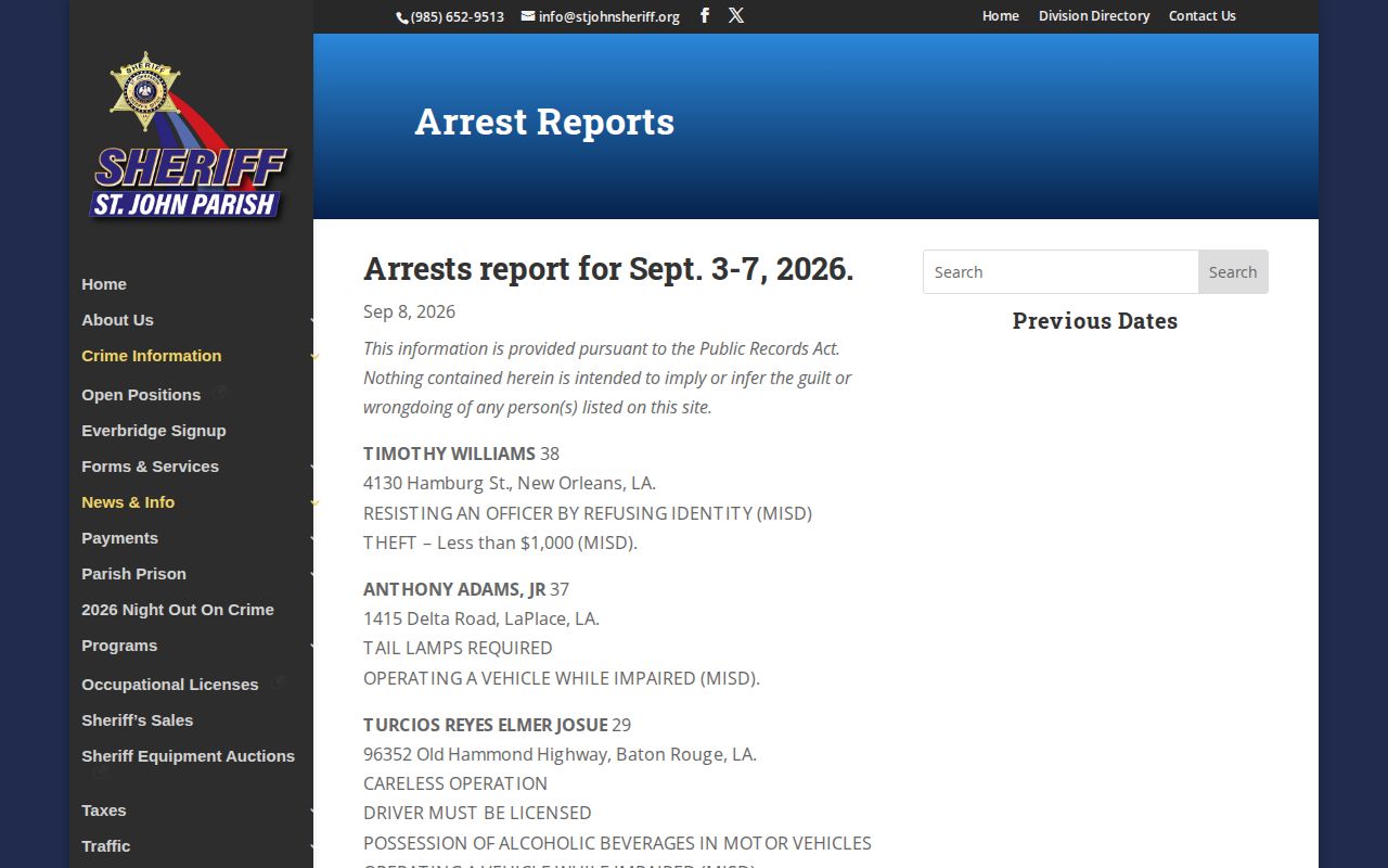 St. John the Baptist Parish official arrest reports archive