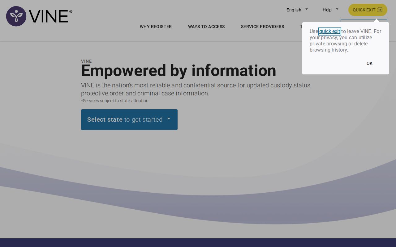 VINELink alert registration screen for custody notifications