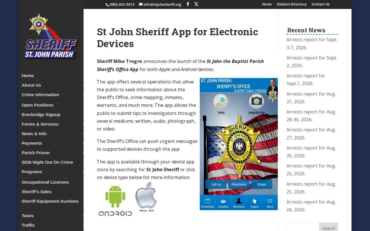 St. John the Baptist Parish Sheriff app information for inmate access