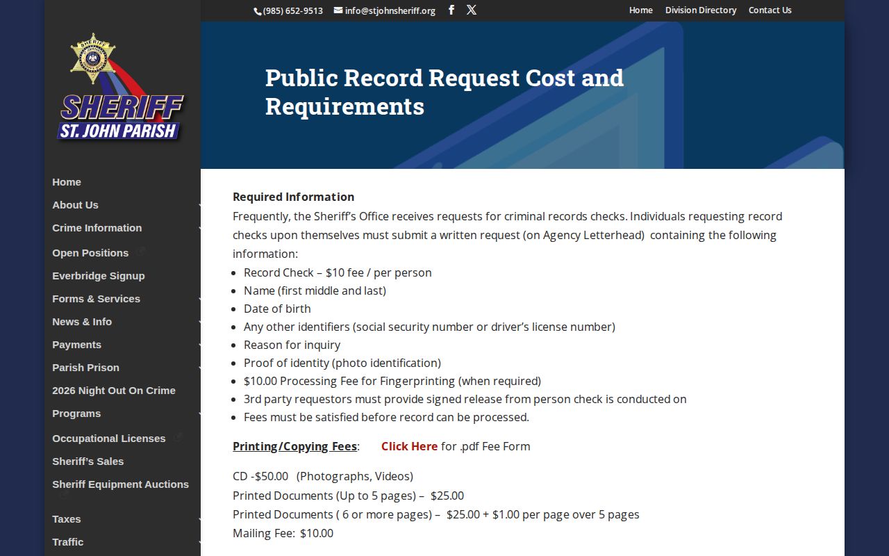 St. John the Baptist Parish arrest records request cost page