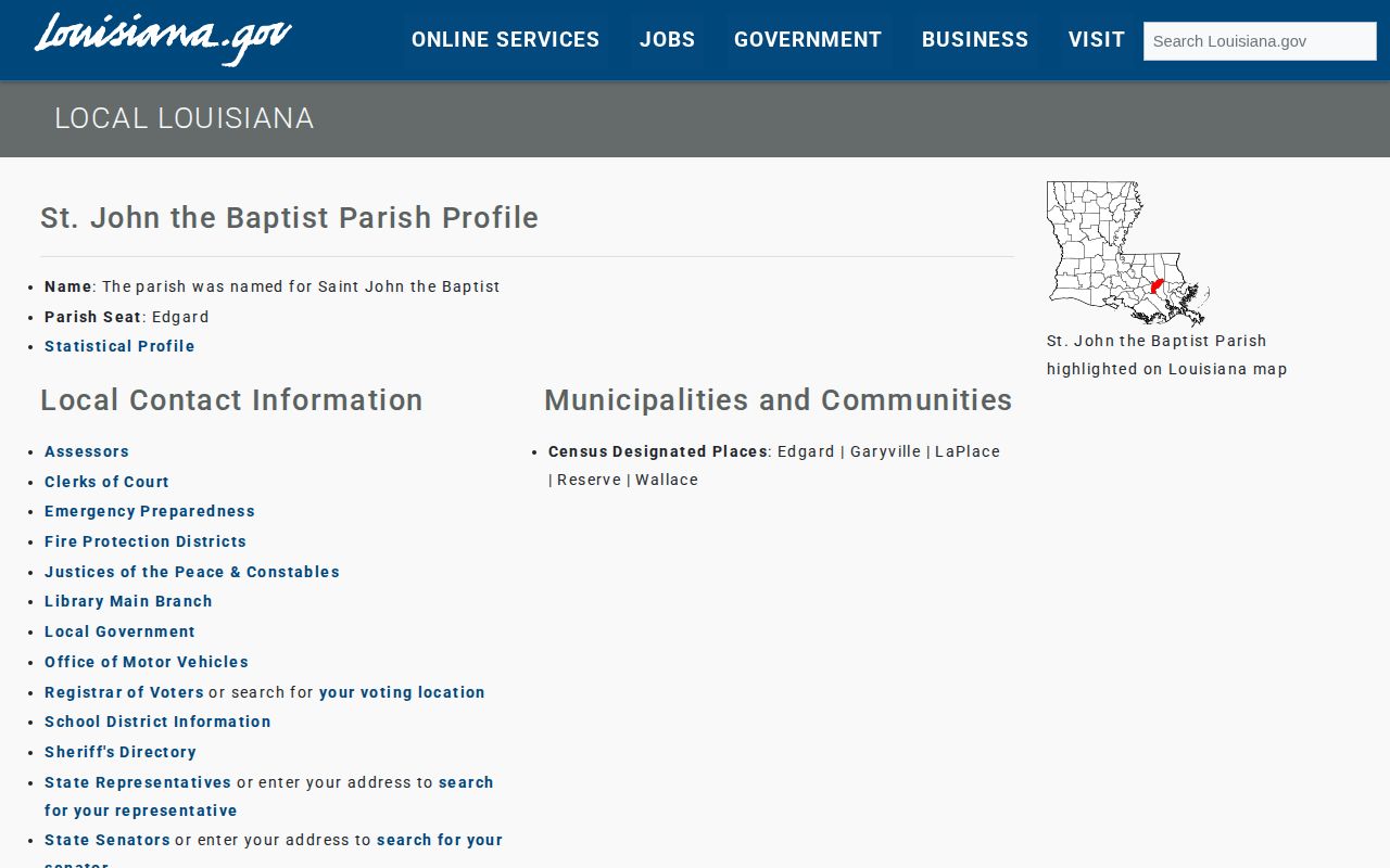 Louisiana parish profile confirming Edgard arrest jurisdiction and parish seat